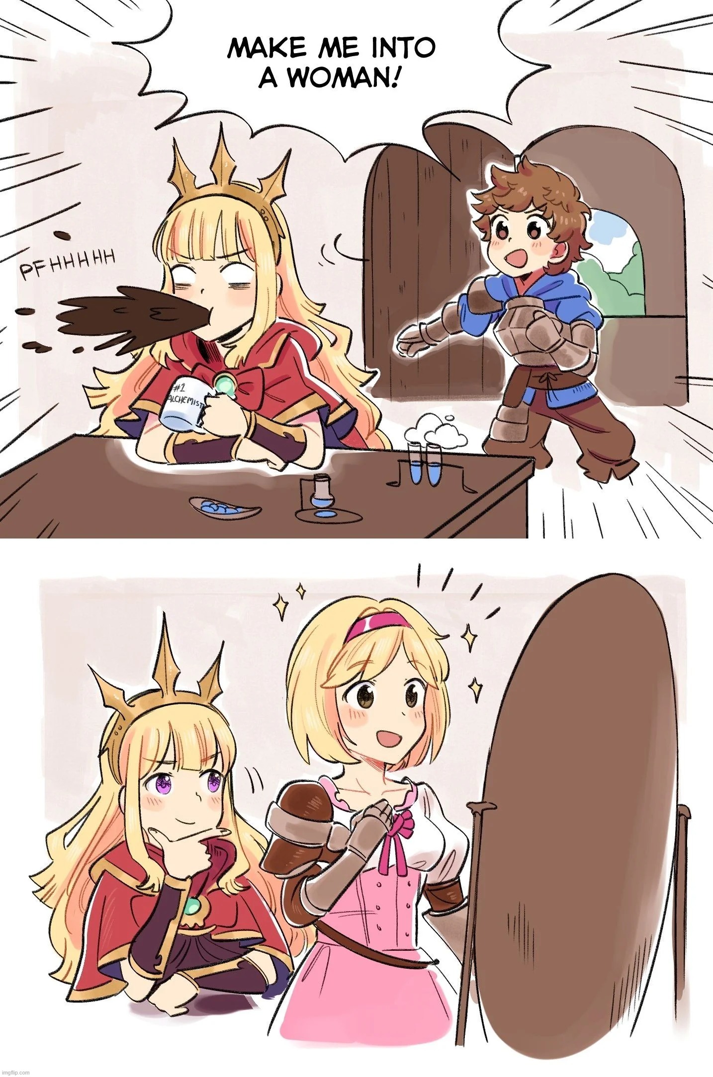 Well... That escalated quickly. xD (I love how Cagliostro doesn't even question it. xD) | image tagged in granblue fantasy,cagliostro,gran,djeeta | made w/ Imgflip meme maker