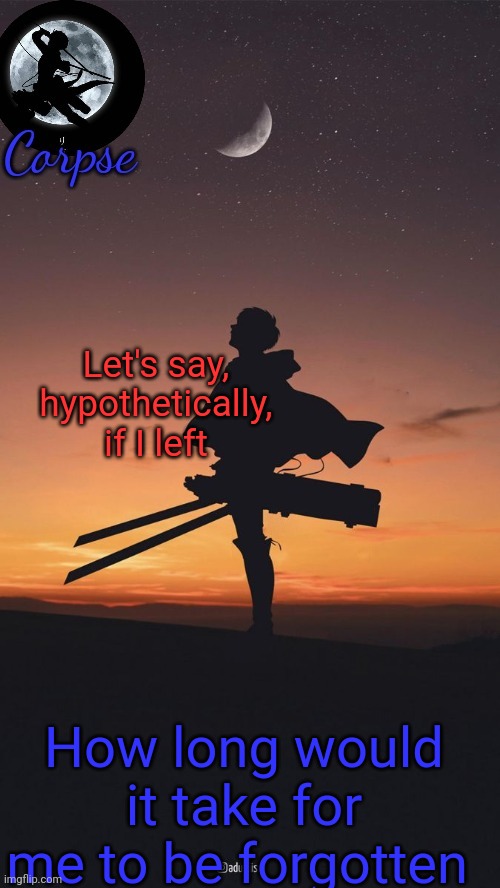 For science | Let's say, hypothetically, if I left; How long would it take for me to be forgotten | image tagged in remastered levi template | made w/ Imgflip meme maker