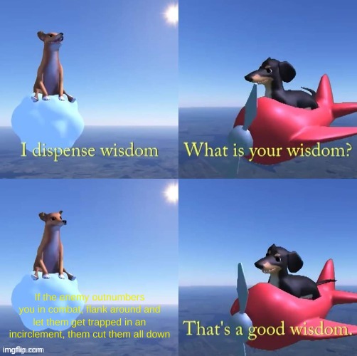 Wisdom dog | If the enemy outnumbers you in combat, flank around and let them get trapped in an incirclement, them cut them all down | image tagged in wisdom dog | made w/ Imgflip meme maker