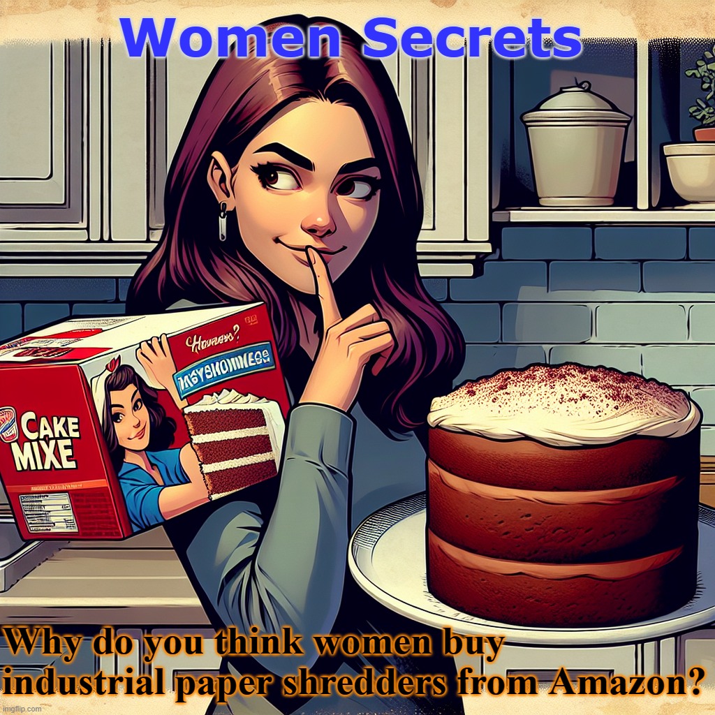 Women Secrets | Women Secrets; Why do you think women buy 
industrial paper shredders from Amazon? | image tagged in women,cake,shredder | made w/ Imgflip meme maker