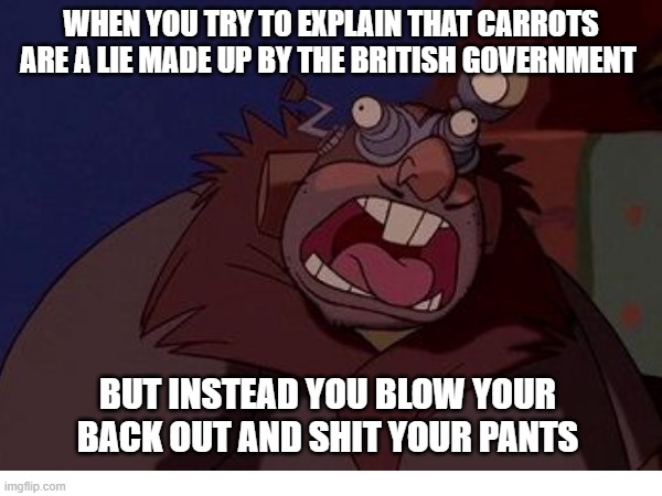 MOLE | WHEN YOU TRY TO EXPLAIN THAT CARROTS ARE A LIE MADE UP BY THE BRITISH GOVERNMENT; BUT INSTEAD YOU BLOW YOUR BACK OUT AND SHIT YOUR PANTS | image tagged in carrots | made w/ Imgflip meme maker