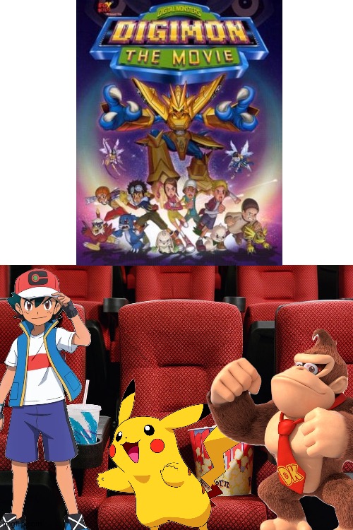 Ash Ketchum,Pikachu and Donkey Kong watching Digimon the movie 2000 | image tagged in movie theater seat,pokemon,digimon,donkey kong,anime,crossover | made w/ Imgflip meme maker