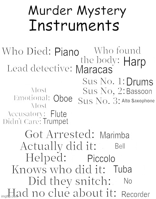 Murder Mystery | Instruments; Piano; Harp; Maracas; Drums; Bassoon; Oboe; Alto Saxophone; Flute; Trumpet; Marimba; Bell; Piccolo; Tuba; No; Recorder | image tagged in murder mystery | made w/ Imgflip meme maker