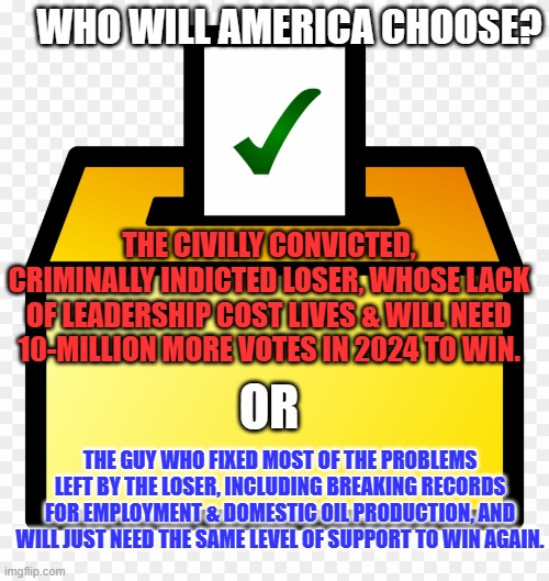 Who will he blame when he loses this time? | WHO WILL AMERICA CHOOSE? THE CIVILLY CONVICTED, CRIMINALLY INDICTED LOSER, WHOSE LACK OF LEADERSHIP COST LIVES & WILL NEED 10-MILLION MORE VOTES IN 2024 TO WIN. OR; THE GUY WHO FIXED MOST OF THE PROBLEMS LEFT BY THE LOSER, INCLUDING BREAKING RECORDS FOR EMPLOYMENT & DOMESTIC OIL PRODUCTION, AND WILL JUST NEED THE SAME LEVEL OF SUPPORT TO WIN AGAIN. | image tagged in ballot box color yellow | made w/ Imgflip meme maker