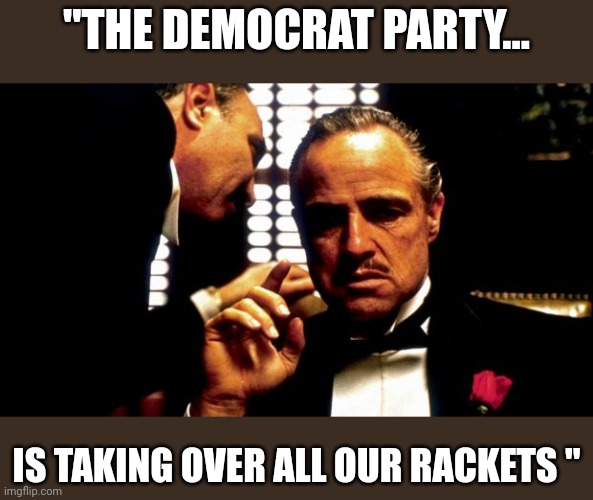 Think about it | "THE DEMOCRAT PARTY... IS TAKING OVER ALL OUR RACKETS " | image tagged in godfather | made w/ Imgflip meme maker