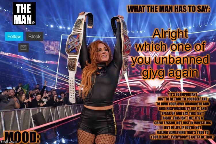 THE MAN Becky Lynch (Better format) | Alright which one of you unbanned gjyg again | image tagged in the man becky lynch better format | made w/ Imgflip meme maker