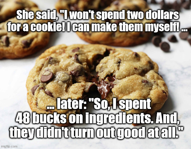 she made them herself | She said, "I won't spend two dollars for a cookie! I can make them myself! ... ... later: "So, I spent 48 bucks on ingredients. And, they didn't turn out good at all." | image tagged in cookies,diy | made w/ Imgflip meme maker