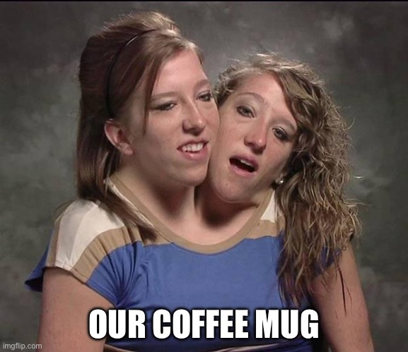 Conjoined twins | OUR COFFEE MUG | image tagged in conjoined twins | made w/ Imgflip meme maker