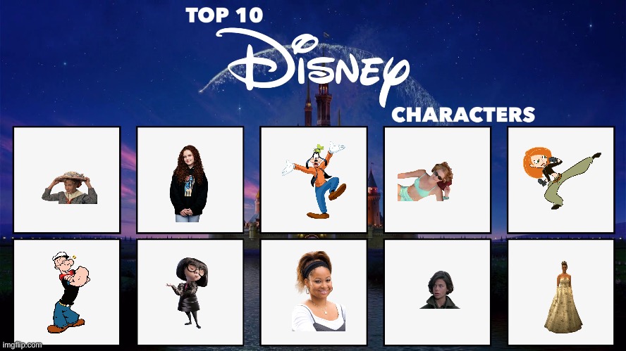 Brandon‘s Top 10 Disney Characters | image tagged in disney channel,kim possible,deviantart,popeye,the incredibles,disney princess | made w/ Imgflip meme maker