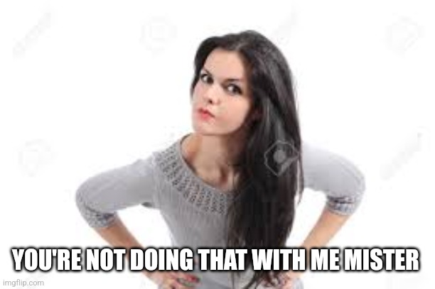 angry women | YOU'RE NOT DOING THAT WITH ME MISTER | image tagged in angry women | made w/ Imgflip meme maker