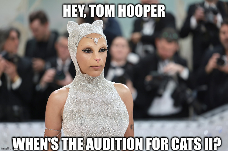 Cats II sequel, Tom? | HEY, TOM HOOPER; WHEN'S THE AUDITION FOR CATS II? | image tagged in doja cat met gala,memes,cats,tom hooper,bizarre,pointy ears | made w/ Imgflip meme maker