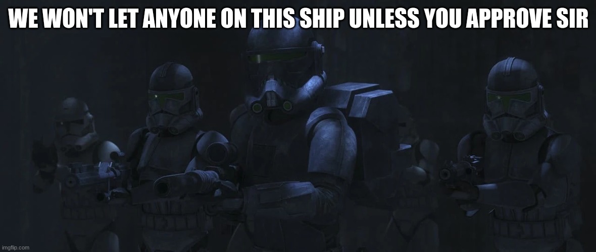 clone troopers | WE WON'T LET ANYONE ON THIS SHIP UNLESS YOU APPROVE SIR | image tagged in clone troopers | made w/ Imgflip meme maker