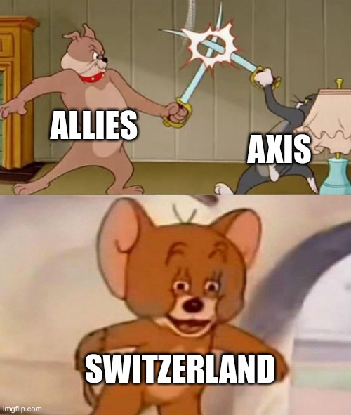 Tom and Jerry swordfight | ALLIES; AXIS; SWITZERLAND | image tagged in tom and jerry swordfight | made w/ Imgflip meme maker