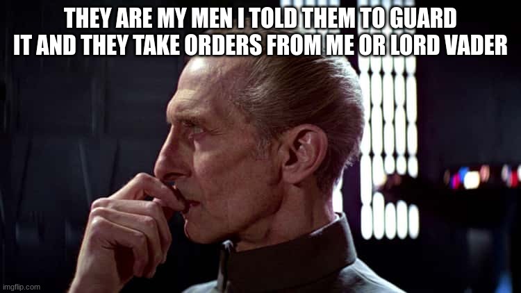 grand moff tarkin | THEY ARE MY MEN I TOLD THEM TO GUARD IT AND THEY TAKE ORDERS FROM ME OR LORD VADER | image tagged in grand moff tarkin | made w/ Imgflip meme maker