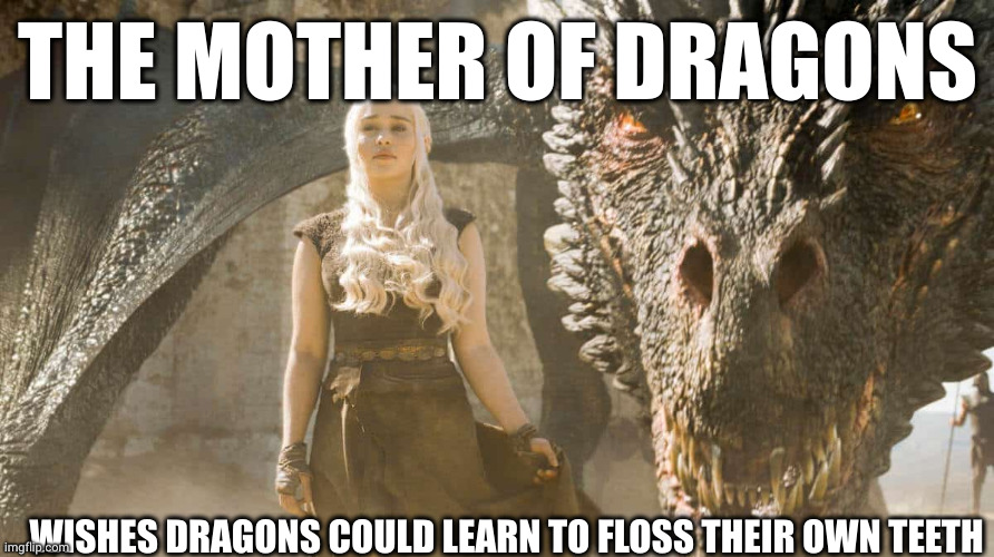 Floss your own teeth! | THE MOTHER OF DRAGONS; WISHES DRAGONS COULD LEARN TO FLOSS THEIR OWN TEETH | image tagged in mother of dragons,dental hygiene,flossing,memes,khaleesi,mom | made w/ Imgflip meme maker