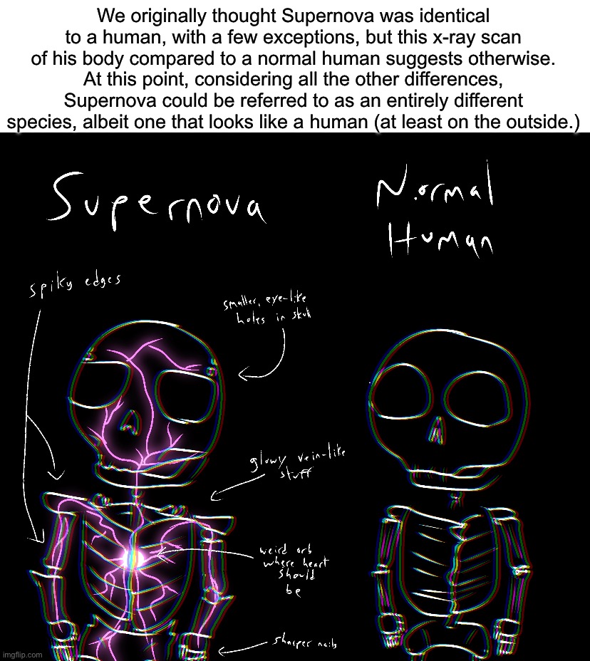 We originally thought Supernova was identical to a human, with a few exceptions, but this x-ray scan of his body compared to a normal human suggests otherwise. At this point, considering all the other differences, Supernova could be referred to as an entirely different species, albeit one that looks like a human (at least on the outside.) | made w/ Imgflip meme maker