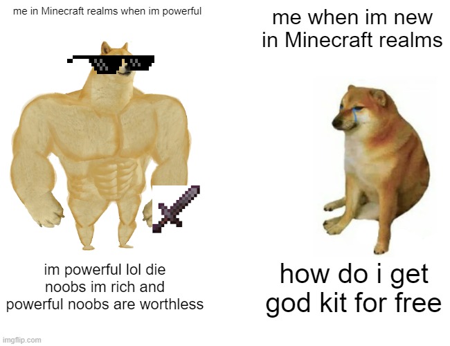 What i do in minecraft realms when im powerful | me in Minecraft realms when im powerful; me when im new in Minecraft realms; im powerful lol die noobs im rich and powerful noobs are worthless; how do i get god kit for free | image tagged in memes,buff doge vs cheems | made w/ Imgflip meme maker