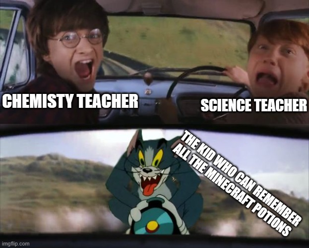 AAAAAAAAAAAHHHHHHHHHHHHH | SCIENCE TEACHER; CHEMISTY TEACHER; THE KID WHO CAN REMEMBER ALL THE MINECRAFT POTIONS | image tagged in harry potter tom cat meme | made w/ Imgflip meme maker