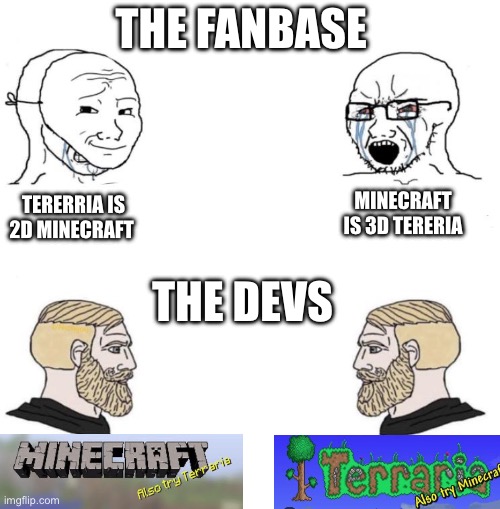 TERERRIA IS 2D MINECRAFT MINECRAFT IS 3D TERERIA THE DEVS THE FANBASE | image tagged in chad we know | made w/ Imgflip meme maker