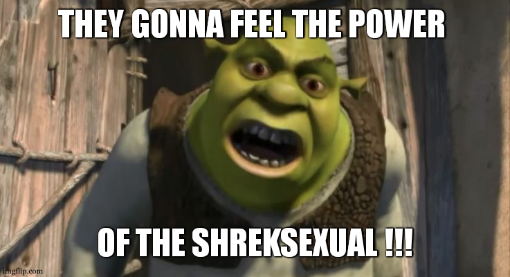 Shrek What are you doing in my swamp? | THEY GONNA FEEL THE POWER OF THE SHREKSEXUAL !!! | image tagged in shrek what are you doing in my swamp | made w/ Imgflip meme maker