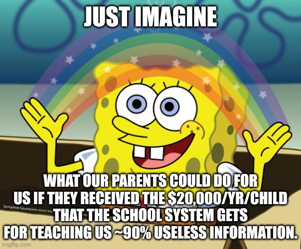 Sponge Bob imagination | JUST IMAGINE WHAT OUR PARENTS COULD DO FOR US IF THEY RECEIVED THE $20,000/YR/CHILD THAT THE SCHOOL SYSTEM GETS FOR TEACHING US ~90% USELESS | image tagged in sponge bob imagination | made w/ Imgflip meme maker