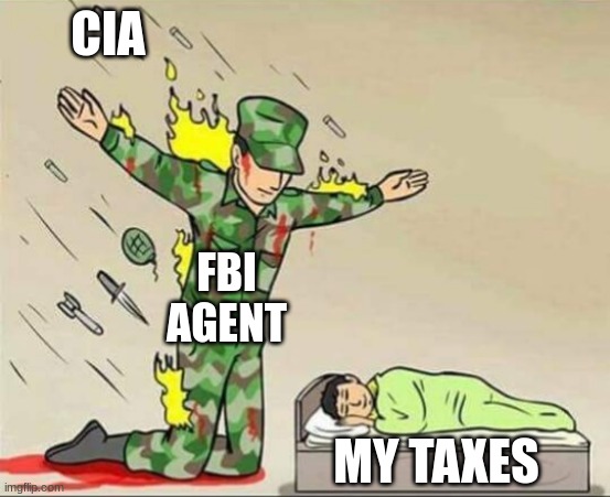 Tax ivation | CIA; FBI AGENT; MY TAXES | image tagged in soldier protecting sleeping child | made w/ Imgflip meme maker