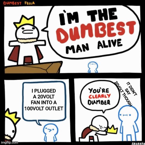 Why though | IT DIDN'T SAY 20VOLT THOUGH; I PLUGGED A 20VOLT FAN INTO A 100VOLT OUTLET | image tagged in i'm the dumbest man alive | made w/ Imgflip meme maker