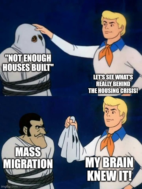 Scooby doo mask reveal | "NOT ENOUGH HOUSES BUILT"; LET'S SEE WHAT'S REALLY BEHIND THE HOUSING CRISIS! MASS MIGRATION; MY BRAIN KNEW IT! | image tagged in scooby doo mask reveal | made w/ Imgflip meme maker