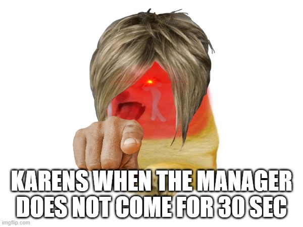 karen doggo 1.5 | KARENS WHEN THE MANAGER DOES NOT COME FOR 30 SEC | image tagged in young rage cheems | made w/ Imgflip meme maker