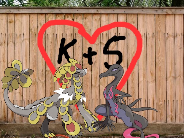 Kommo-o and Salazzle is another awesome Pokémon couple! | image tagged in fence,pokemon | made w/ Imgflip meme maker