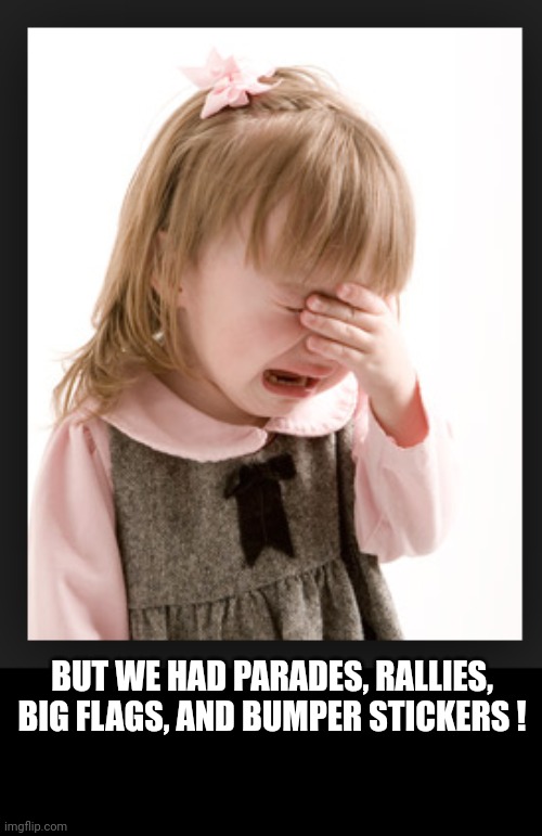 cry | BUT WE HAD PARADES, RALLIES,
BIG FLAGS, AND BUMPER STICKERS ! | image tagged in cry,trump | made w/ Imgflip meme maker