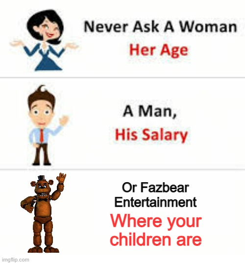 seriously you dont wanna know | Or Fazbear Entertainment; Where your children are | image tagged in never ask a woman her age | made w/ Imgflip meme maker
