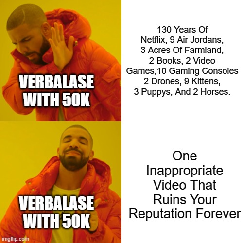 Drake Hotline Bling Meme | 130 Years Of Netflix, 9 Air Jordans, 3 Acres Of Farmland, 2 Books, 2 Video Games,10 Gaming Consoles 2 Drones, 9 Kittens, 3 Puppys, And 2 Horses. VERBALASE WITH 50K; One Inappropriate Video That Ruins Your Reputation Forever; VERBALASE WITH 50K | image tagged in memes,drake hotline bling | made w/ Imgflip meme maker