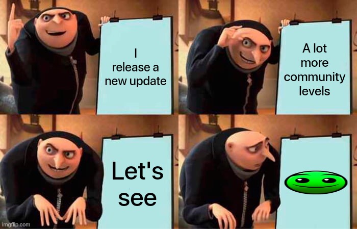 Fire in the hole | I release a new update; A lot more community levels; Let's see | image tagged in memes,gru's plan,geometry dash,shitpost,dumb | made w/ Imgflip meme maker