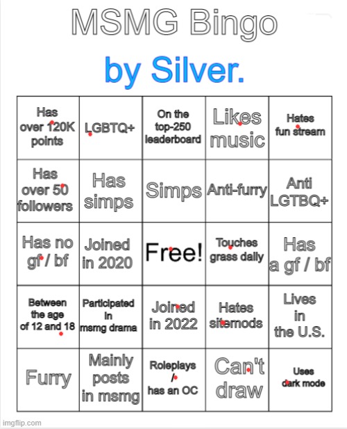 Silver.'s MSMG Bingo | image tagged in silver 's msmg bingo | made w/ Imgflip meme maker