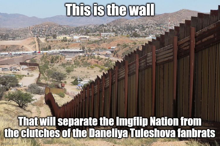 The Imgflip Nation just built a new wall to separate Daneliya Tuleshova fans from invading the Imgflip nation | This is the wall; That will separate the Imgflip Nation from the clutches of the Daneliya Tuleshova fanbrats | image tagged in border wall 02,memes,daneliya tuleshova sucks | made w/ Imgflip meme maker