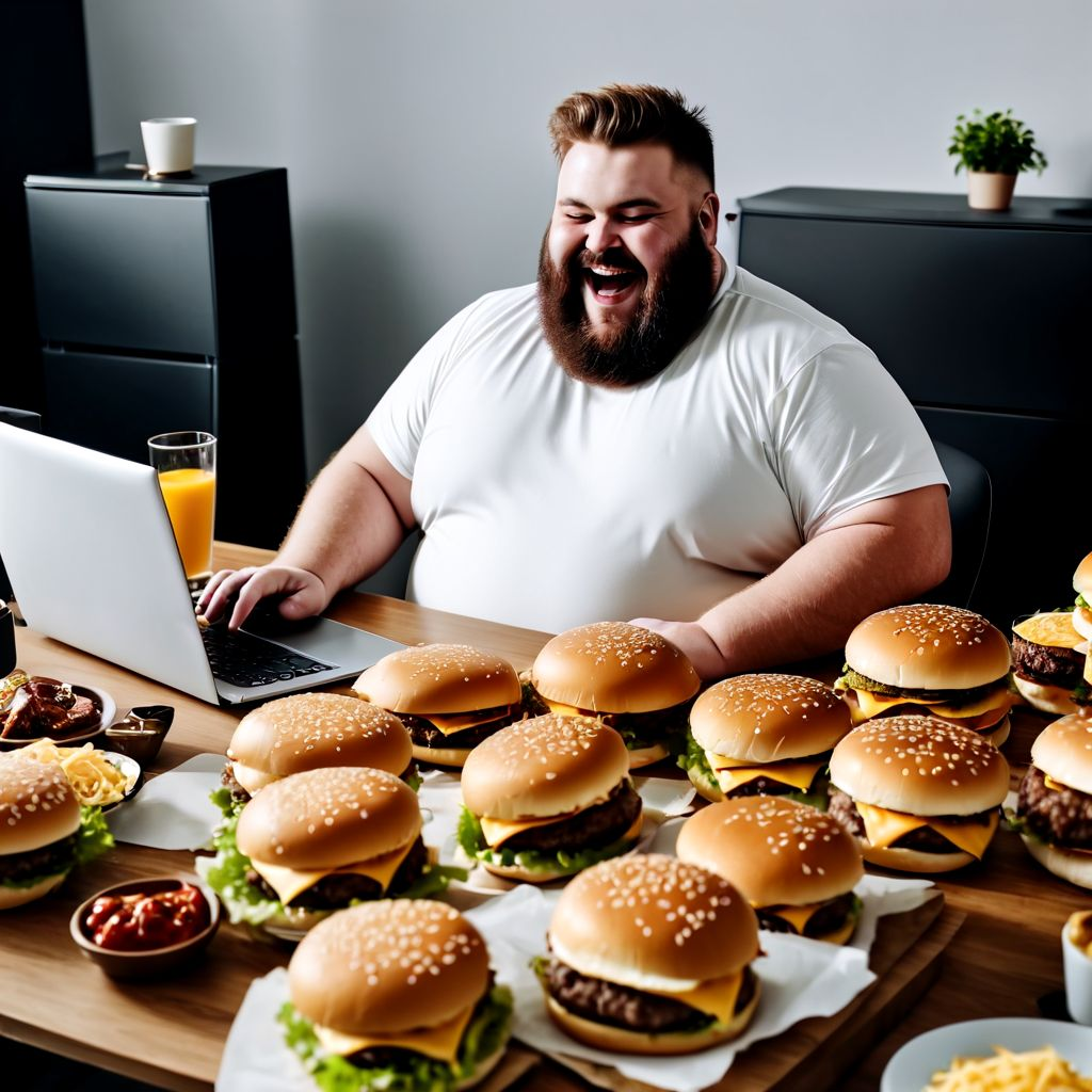High Quality LAUGHING FAT MAN, COMPUTER, LOTS OF BURGERS Blank Meme Template