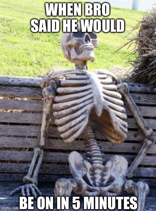 Waiting Skeleton | WHEN BRO SAID HE WOULD; BE ON IN 5 MINUTES | image tagged in memes,waiting skeleton | made w/ Imgflip meme maker