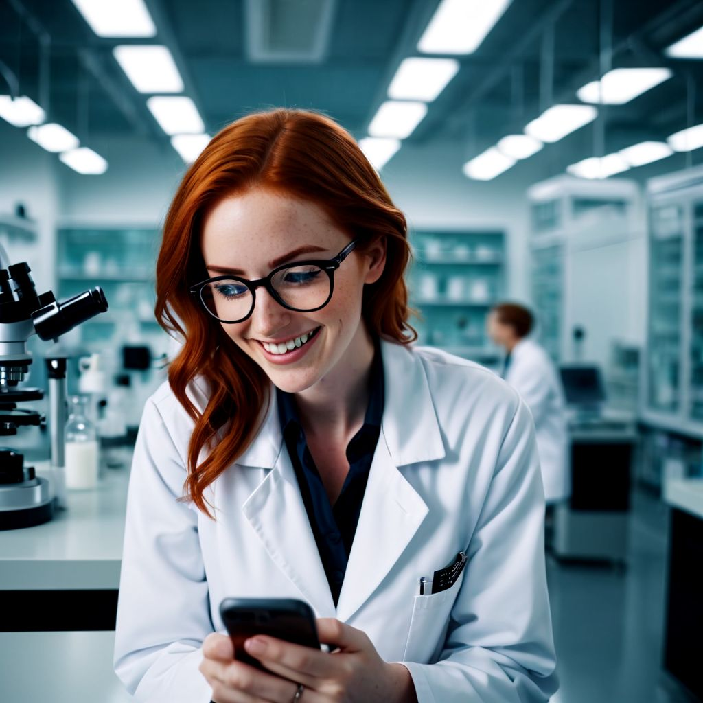 High Quality LADY SCIENTIST WITH HER CELL PHONE, LAUGHING Blank Meme Template