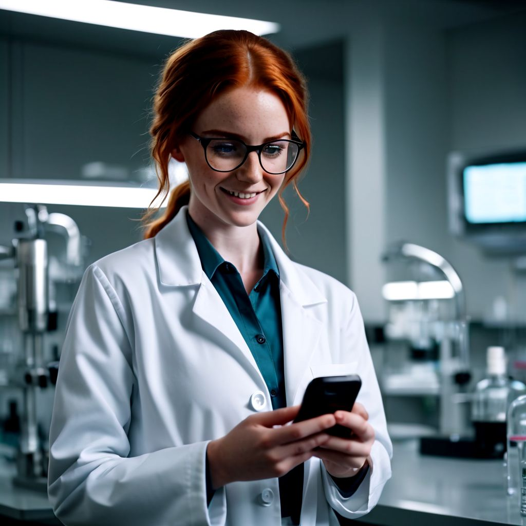 YOUNG WOMAN SCIENTIST SMILING AT CELL PHONE, GOOD NEWS Blank Meme Template