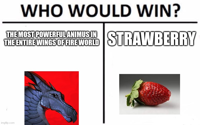 Wings of fire fans will get! | THE MOST POWERFUL ANIMUS IN THE ENTIRE WINGS OF FIRE WORLD; STRAWBERRY | image tagged in memes,who would win | made w/ Imgflip meme maker
