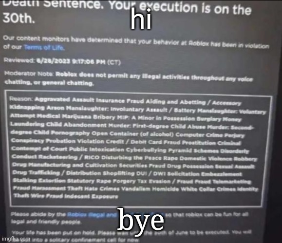 YOUR EXECUTION IS ON THE 30TH. | hi; bye | image tagged in your execution is on the 30th | made w/ Imgflip meme maker