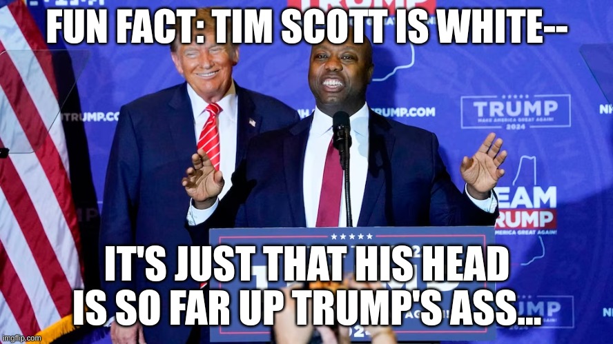 Tim Loves Donald | FUN FACT: TIM SCOTT IS WHITE--; IT'S JUST THAT HIS HEAD IS SO FAR UP TRUMP'S ASS... | image tagged in tim scott,trump,president | made w/ Imgflip meme maker
