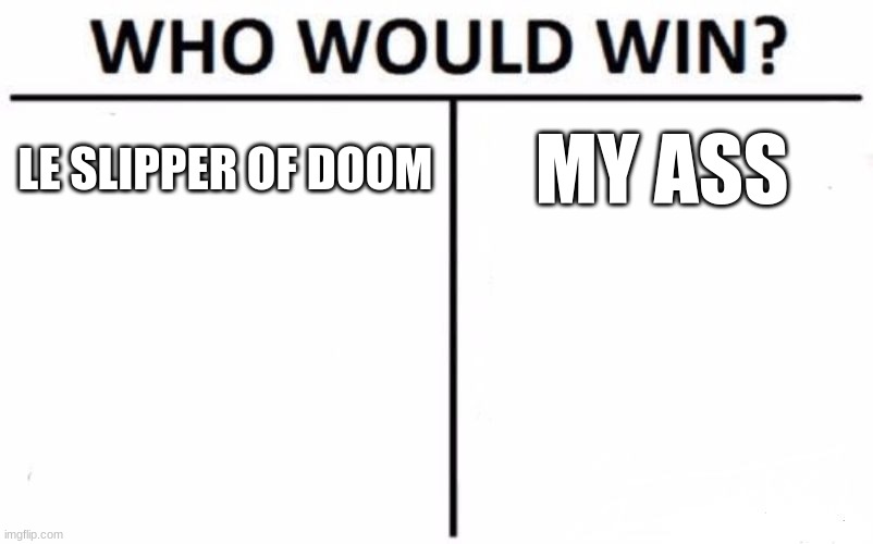 who would win | LE SLIPPER OF DOOM; MY ASS | image tagged in memes,who would win | made w/ Imgflip meme maker