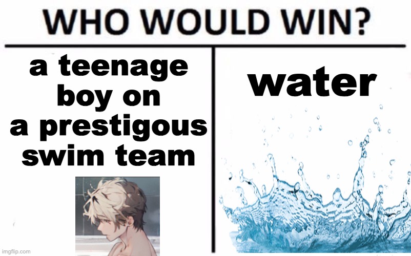 Who Would Win? | a teenage boy on a prestigous swim team; water | image tagged in memes,who would win,original character,swim,swim team,meme | made w/ Imgflip meme maker