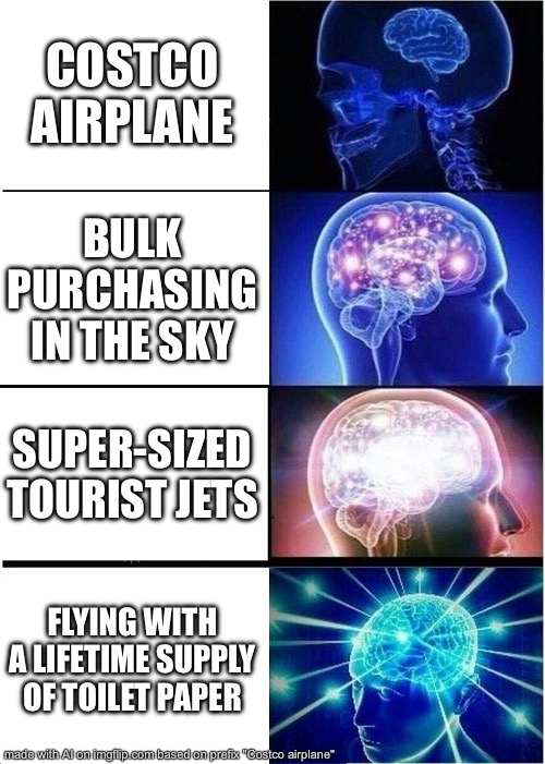 It didn't give me an image of a Costco plane | COSTCO AIRPLANE; BULK PURCHASING IN THE SKY; SUPER-SIZED TOURIST JETS; FLYING WITH A LIFETIME SUPPLY OF TOILET PAPER | image tagged in memes,expanding brain | made w/ Imgflip meme maker