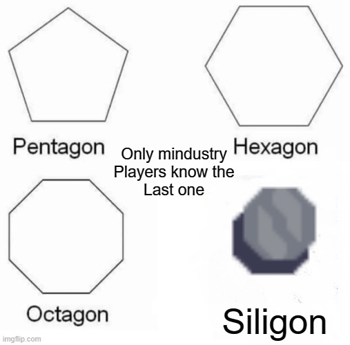 Only mindustry players know the last "-gon" | Only mindustry
Players know the
Last one; Siligon | image tagged in memes,pentagon hexagon octagon | made w/ Imgflip meme maker