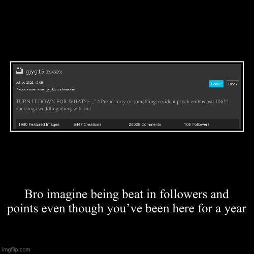 I’m doing what gjyg did to my friend | Bro imagine being beat in followers and points even though you’ve been here for a year | | image tagged in funny,demotivationals | made w/ Imgflip demotivational maker