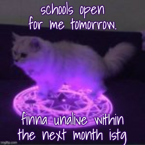ª | schools open for me tomorrow. finna unalive within the next month istg | made w/ Imgflip meme maker