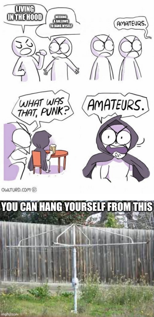 LIVING IN THE HOOD; NEEDING A GALLOWS TO HANG MYSELF; YOU CAN HANG YOURSELF FROM THIS | image tagged in amateurs | made w/ Imgflip meme maker